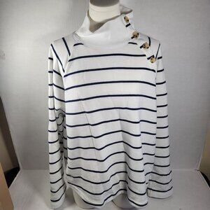 J.Crew Women White Navy Stripe Button Neck Long Sleeve Cotton Blend Tunic Size L